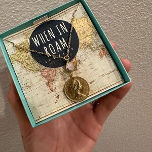 When In Rome Coin Necklace Gold Tone With Stone Accent